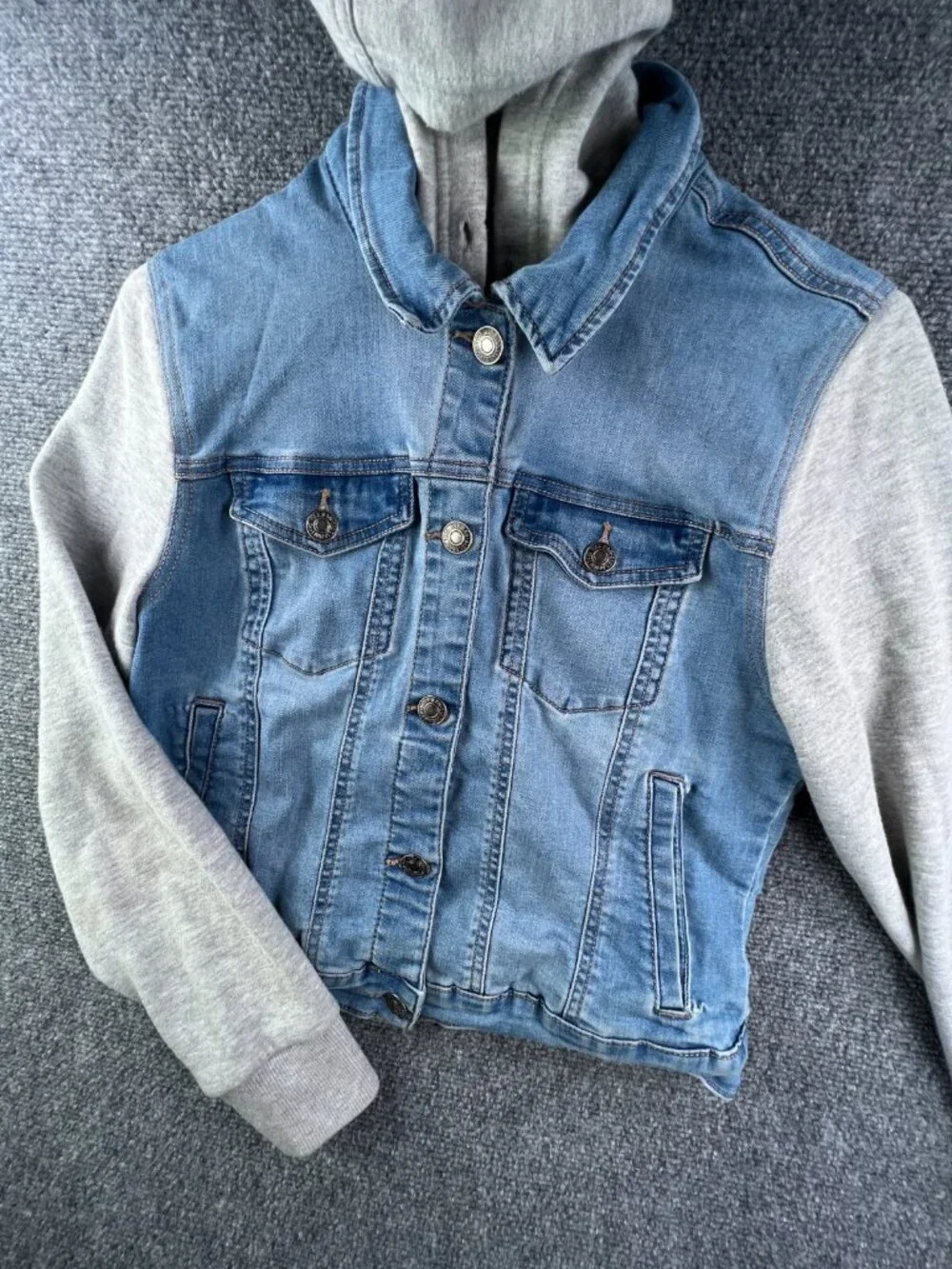 Wax Jean Denim Jacket Blue Gray Girls Large Stretch Buttons Long Sleeve Hooded